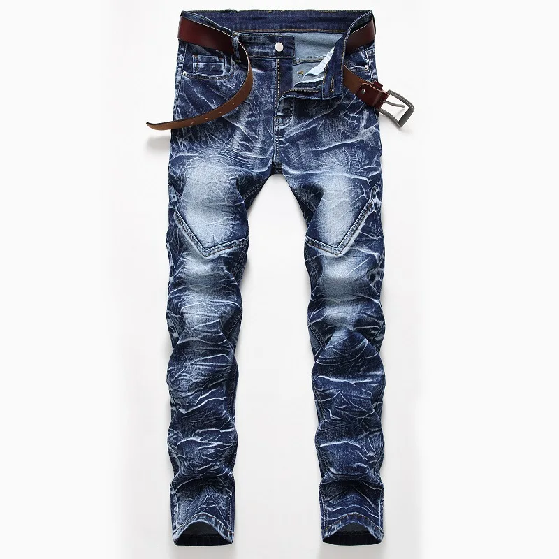 

Snow Washed Patchwork Men's Straight Elastic Jeans Plus Size Vintage Patch Slim Denim Jeans Long White Cotton Men Jean trousers