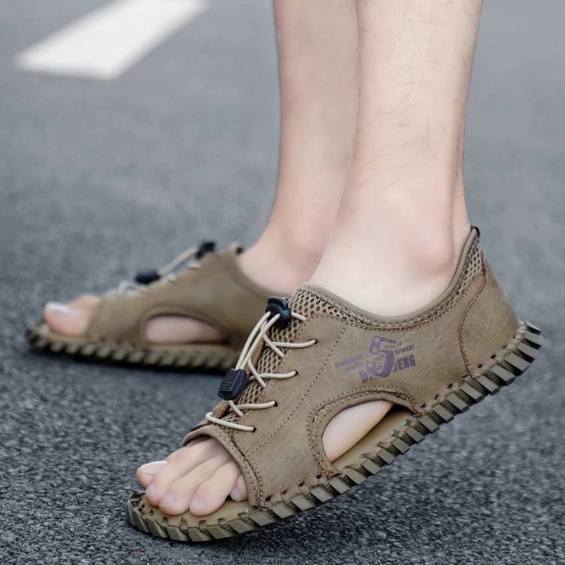 Mens Fashion Leather Sandals Summer Classic Men Shoes Slippers Soft Sandals Roman Comfortable Outdoor Walking Footwear