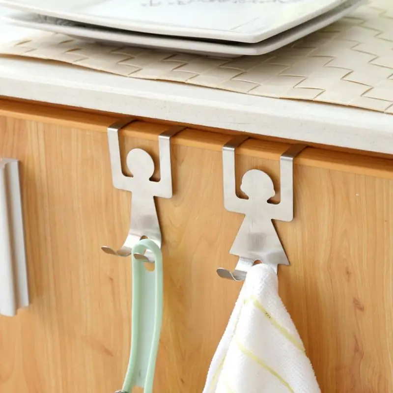 

2Pcs Home Cabinet Human Shape Door Back Type Hook Stainless Steel Traceless Storage Hooks Hang Cloth Towel Kitchen Hook Racks