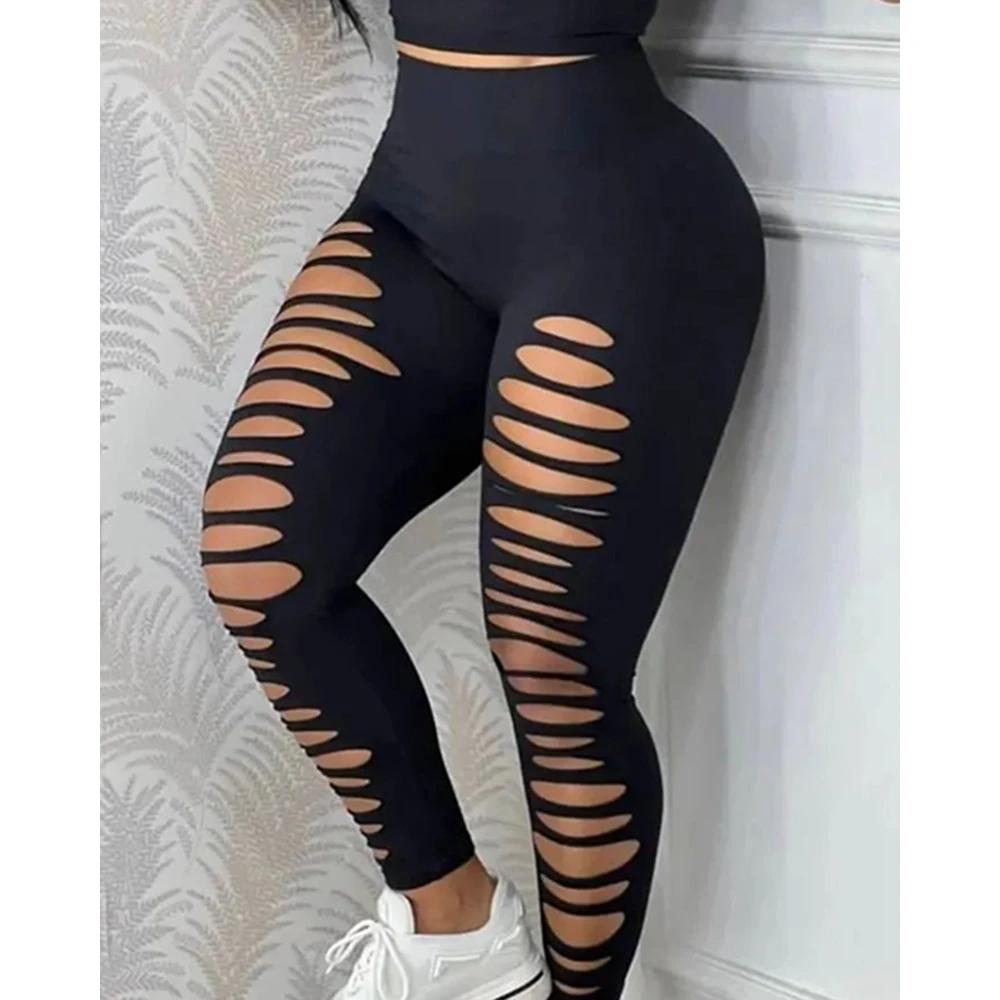 Summer Sexy Women Ladder Hollow out Sleeveless Tank Top & High Waist Pants Set Skinny Black Two Pieces Suit Sets 2023 Woman Clot