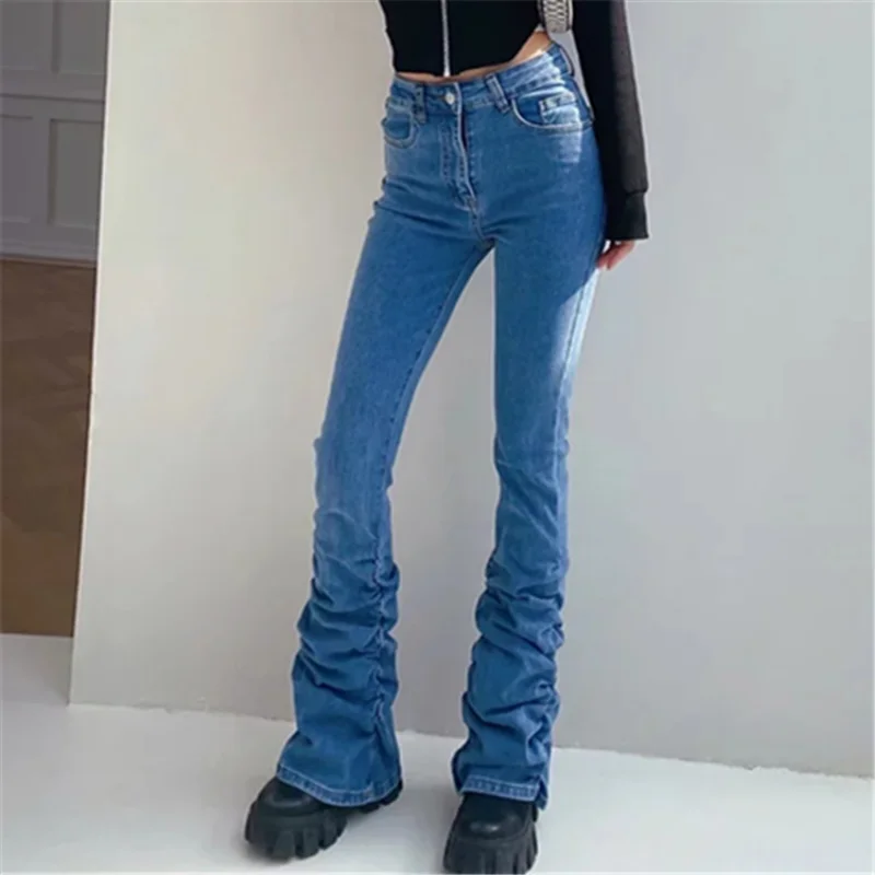

Stacked Flared Jeans Women High Wait Skinny Stretchy Ruched Denim Pants Gyaru Fashion Japanese Y2k Harajuku Trousers Streetwear