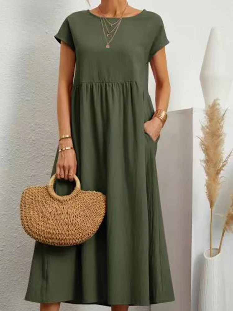 Элегантное однотонное платье макси женское винтажное с коротким рукавом летний