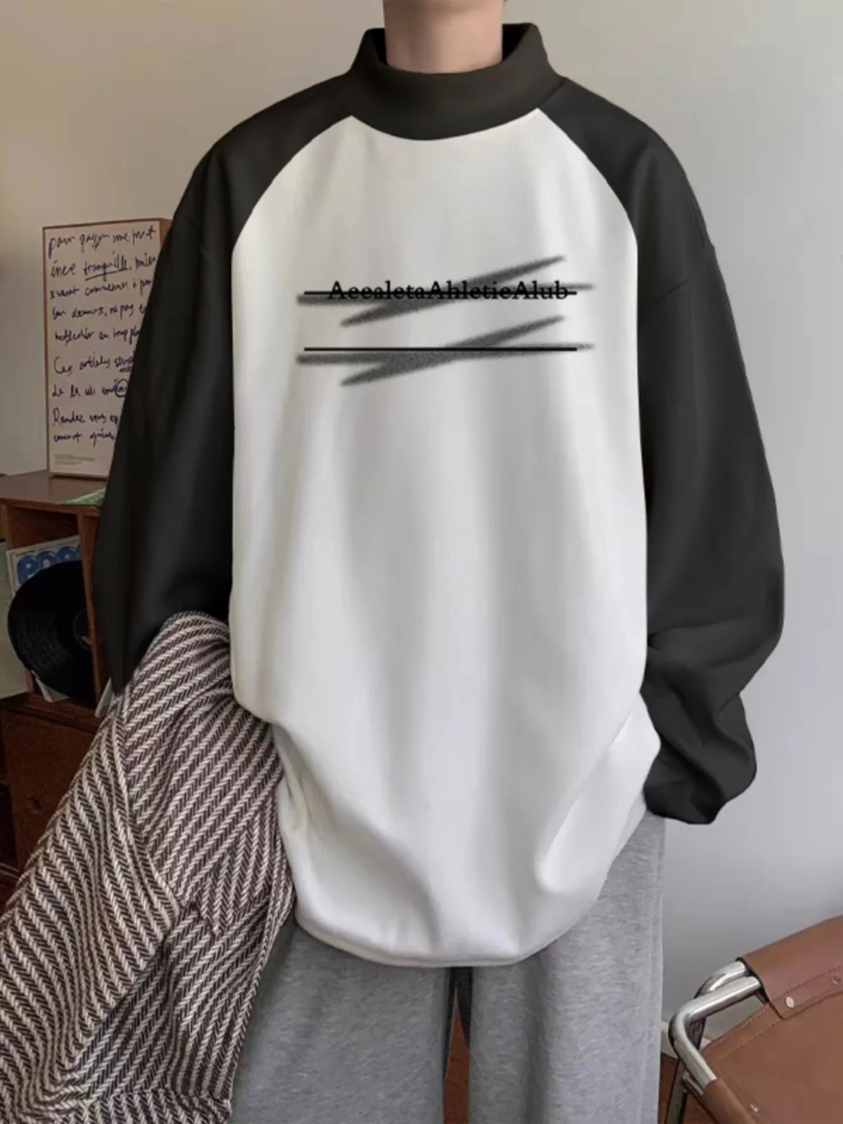 Heavy Dralon Raglan Long sleeves Shirt Men's Autumn and Winter Color Matching round Neck Hoodie Warm Inner wear Bottoming Shi...