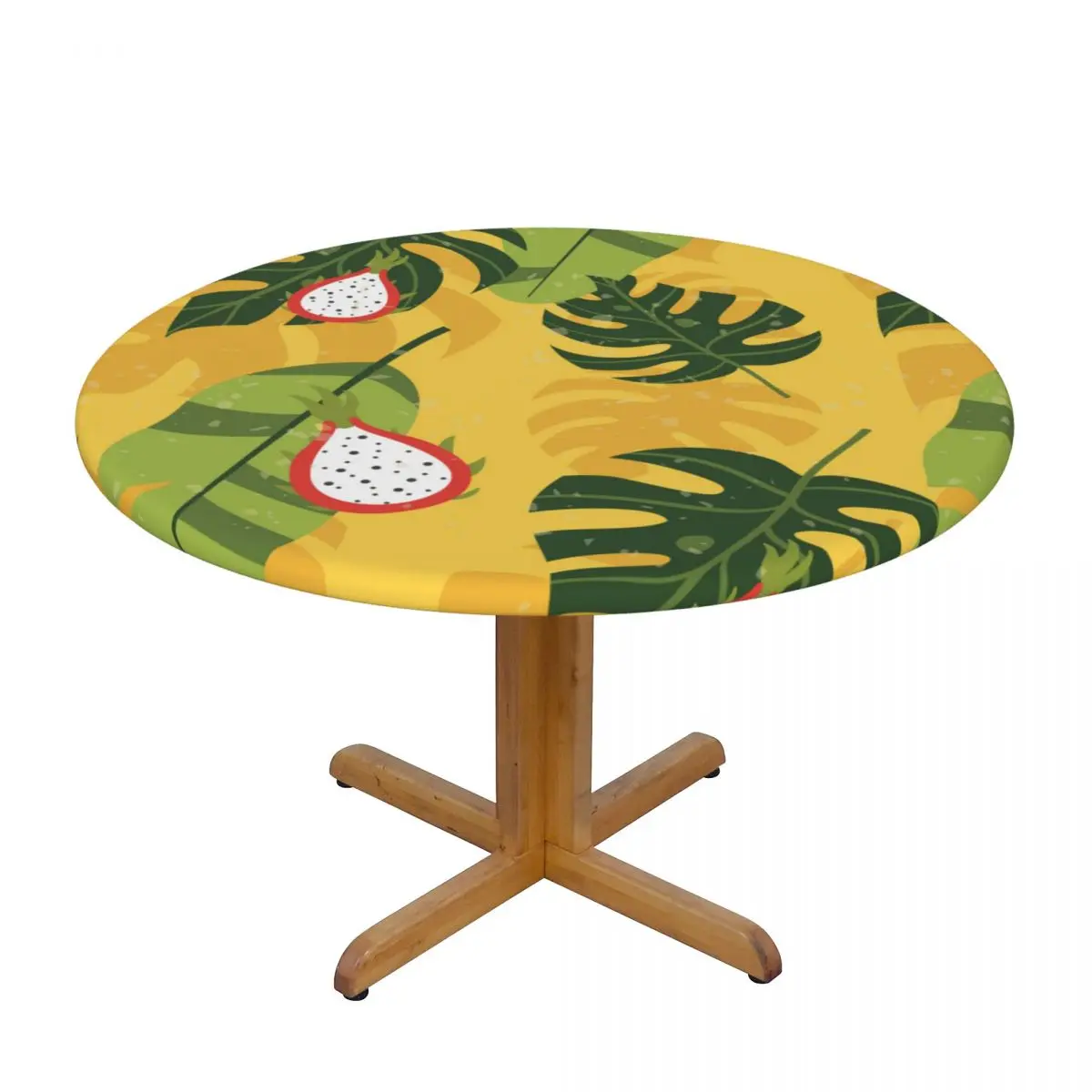 

Round Table Cover for Dining Table Elastic Tablecloth Tropical Vintage Palm Leaves Fruits Fitted House Hotel Decoration