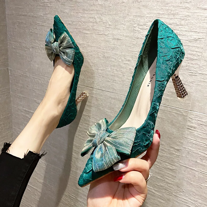 

Green Silk Bow Tie High Heels Pumps for Women Sexy Pointed Toe Metal Stiletto Heels Wedding Party Shoes Women 2022 Spring Summer