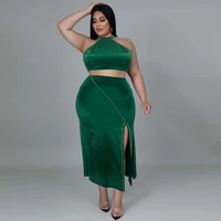 plus size fashion women suit sexy backless top slit skirt two piece set oversize party dress for fat lady summer 2022 new