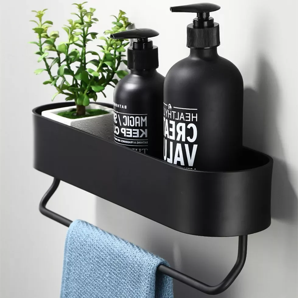 

2023NEW Bathroom Shelf Rack Kitchen Wall Shelves Bath Towel Holder Black Shower Storage Basket Kitchen Organizer Bathroom Access