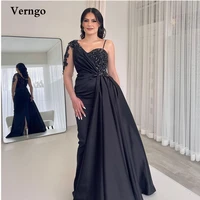 verngo black satin evening dresses with overskirt plus size women prom gowns beads sheer long sleeve arabic formal party dress