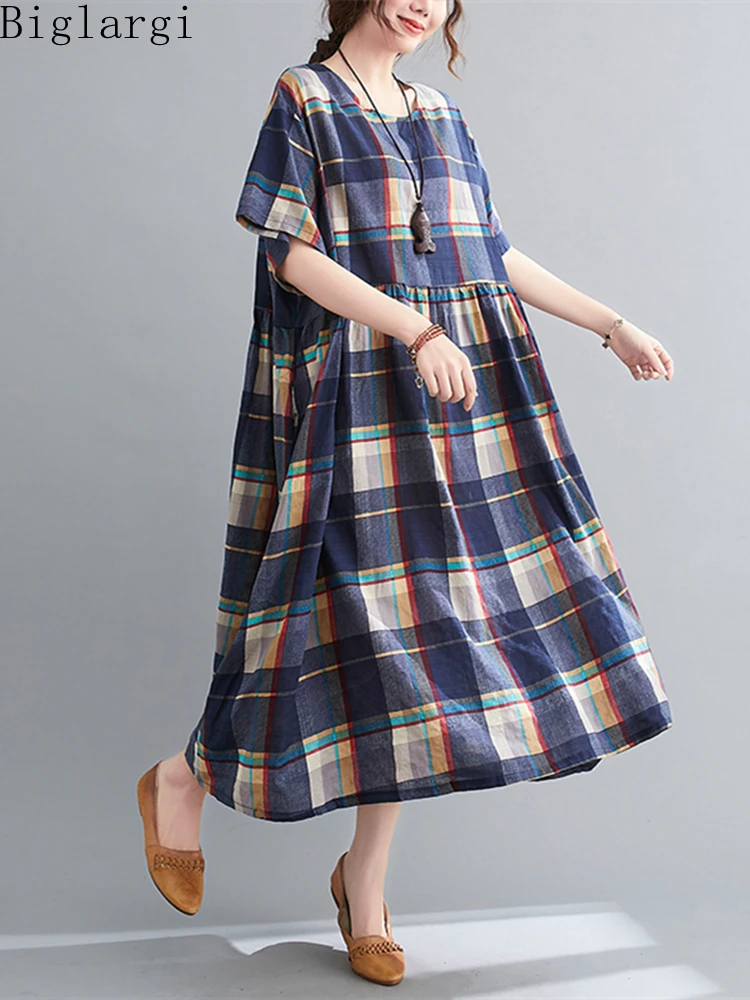 

Oversized Cotton Hemp Plaid Loose Dress Woman Summer Casual Large Size Korea Ladies Womens Dresses Vintage Long Dress 2022 Women