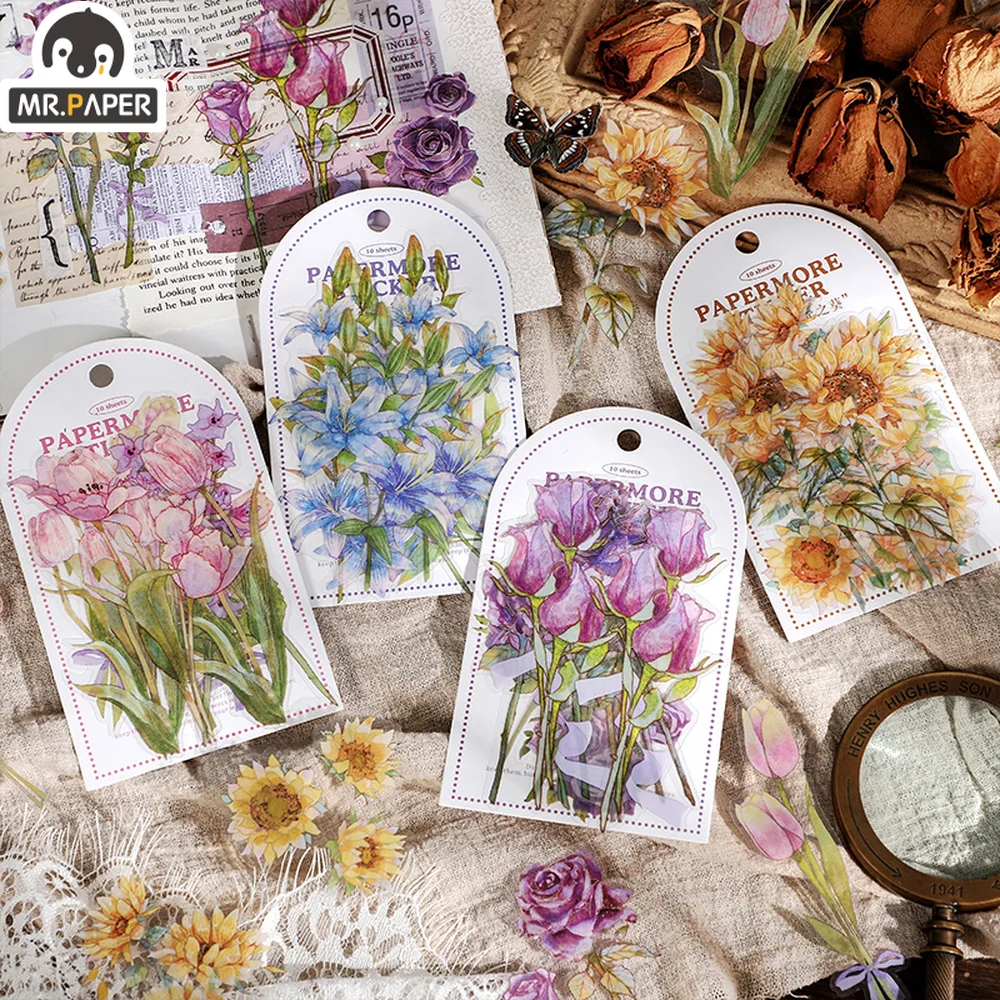 Mr.paper 4 Styles 10Pcs/Bag Vintage Botanical Stickers Aesthetic Flowers Hand Account Material Decorative Stationery Stickers