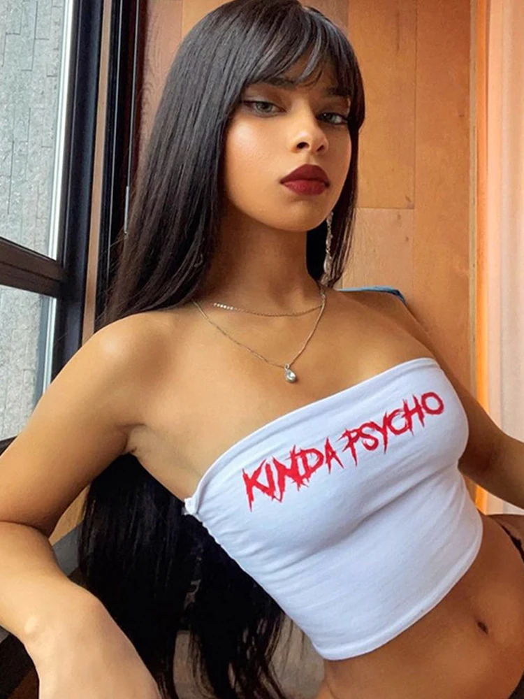 ArtSu Printed Strapless White Tube Top Women Sleeveless Backless Sexy Crop Tops Summer Bandeau Top Cami Streetwear Tanks Vests