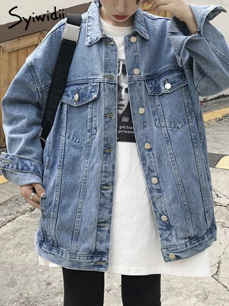 Syiwidii Denim Jacket for Women Jean Coat 2022 Korean Fashion Oversized Button Down Jacket Long Sleeve Chic Outwear with Pocket