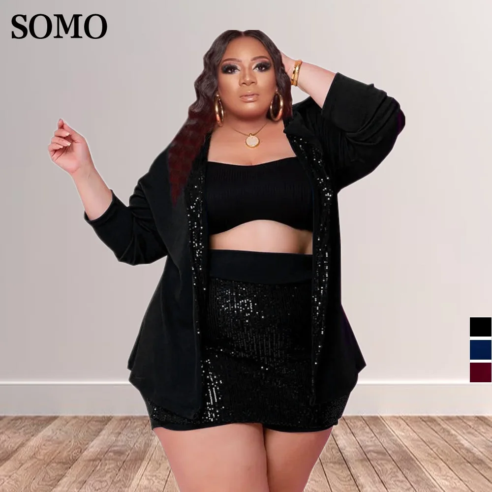 

SOMO 5XL Fall Solid Color Fashion Sequined 3 Pieces Set Plus Size Women Clothing Clubwear Blazer Suit Wholesale Dropshipping