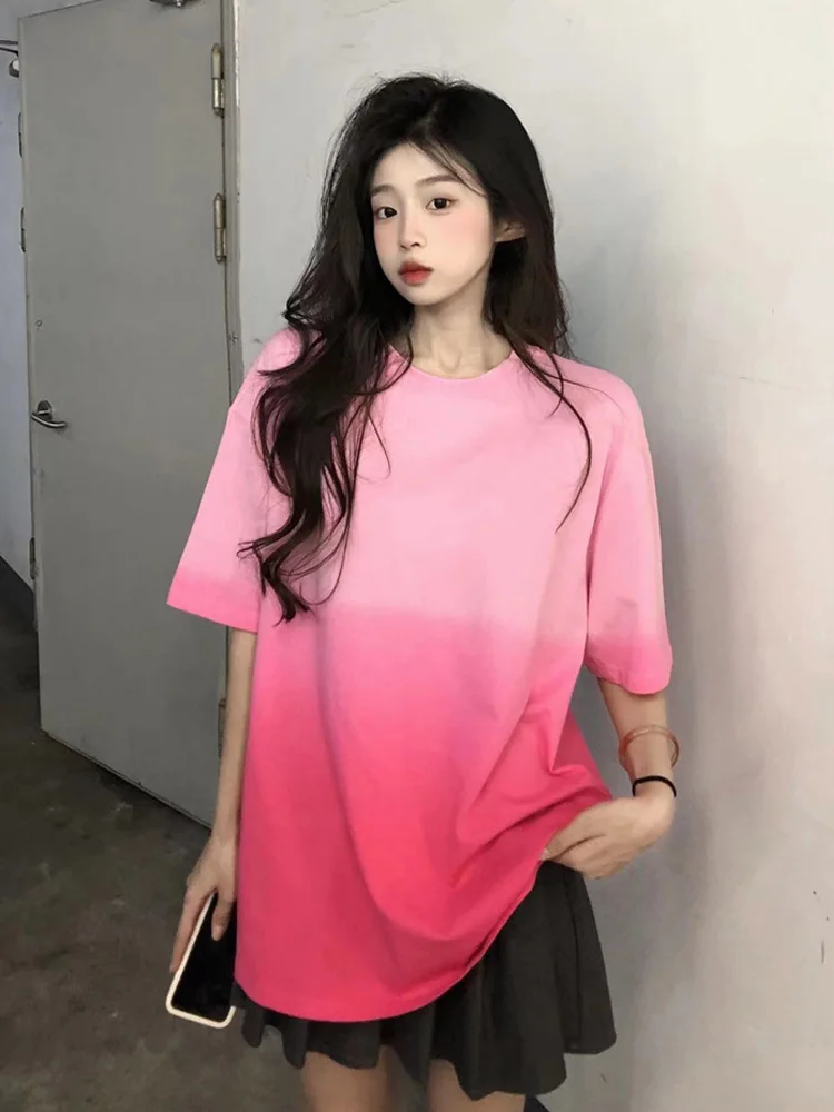 

Chic Women Gradient T-Shirt 2023 Streetwear Casual O-Neck Short Sleeve Tees Summer Fashion All-Match Loose Tops