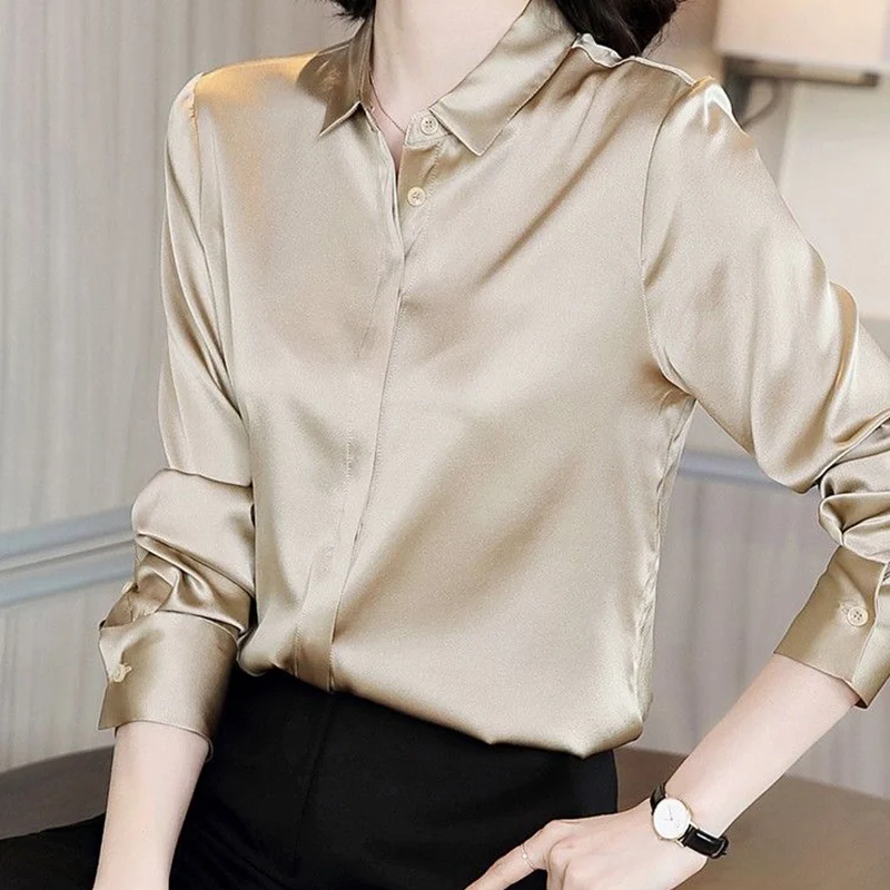 

Women Business Casual Buttons Solid Color Turn-down Collar Blouse Autumn Temperament Chiffon Long Sleeve Shirts Simplicity Tops