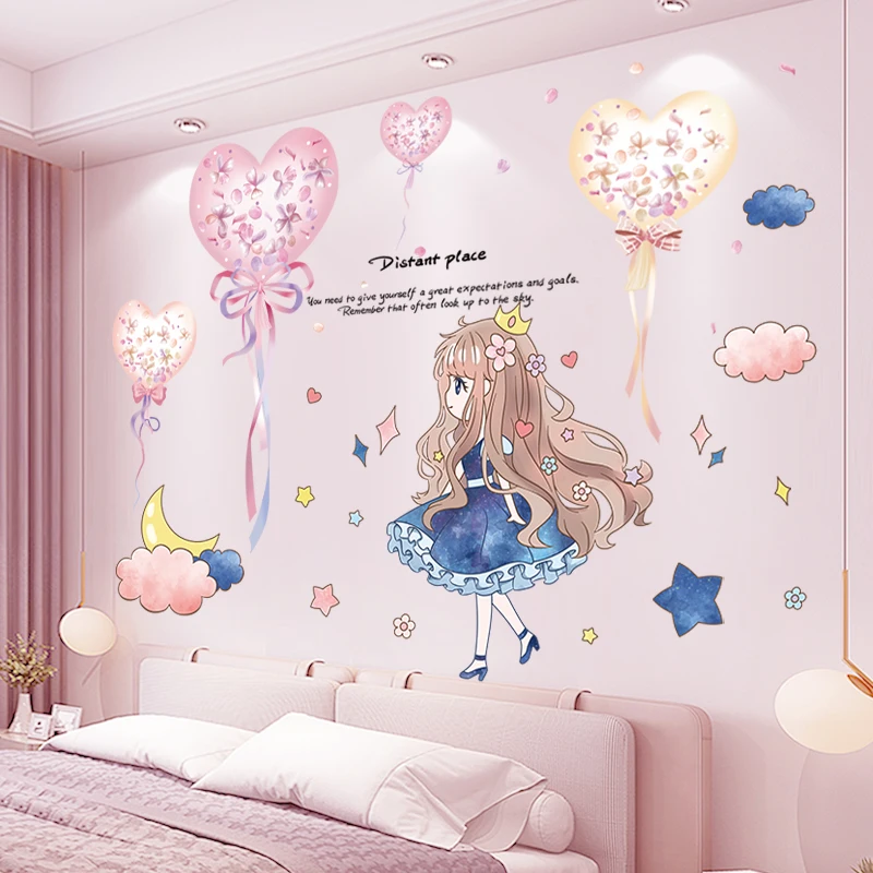 

[shijuekongjian] Balloons Wall Stickers DIY Cartoon Girl Stars Clouds Wall Decals for Kids Rooms Baby Bedroom Home Decoration