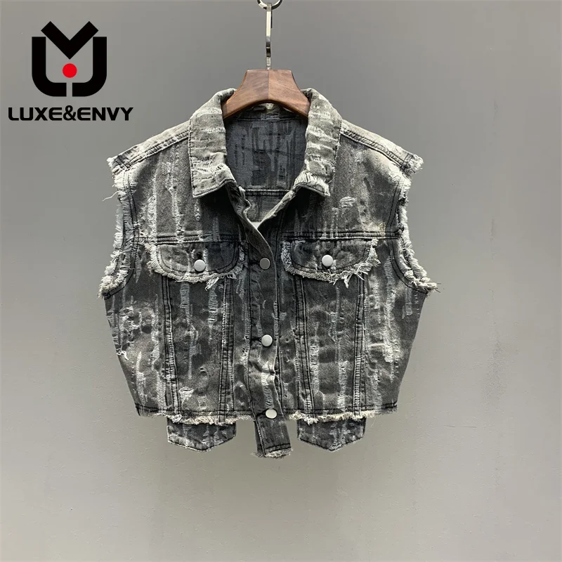

LUXE&ENVY Women's Denim Waistcoat Lapel Sleeveless Do Old Ripped Destroy Wash Single Breasted Vest 2023 Summer New