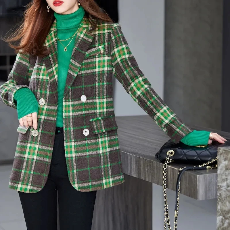 Plaid Woolen Suit Women Coat Autumn Winter 2023 New Korean Medium Long Sleeve Blazers Woman Jacket Casual Ladies Blazer Tops E20