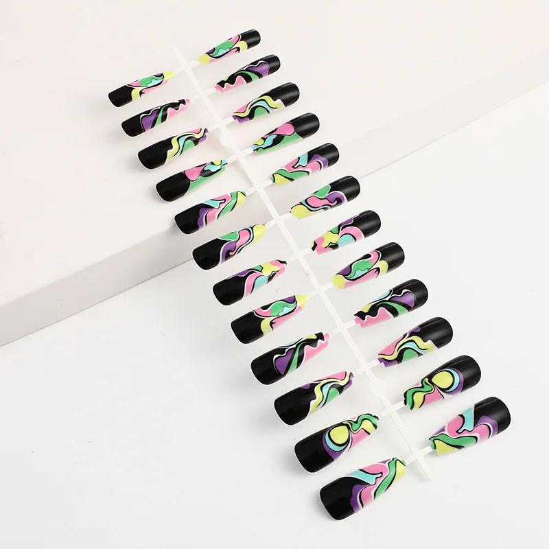 

24pcs/set long fake nails dark black rainbow wave lines designs DIY manicure supplies press on faux ongles capsule false nail