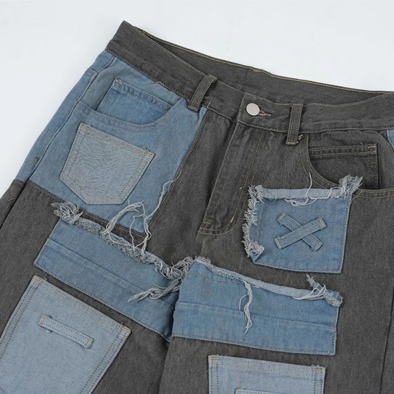 Men Vintage Denim Pants 2023 Streetwear Retro Patchwork Ripped Denim Pant Jeans HipHip Casual Joggers Trousers Jeans