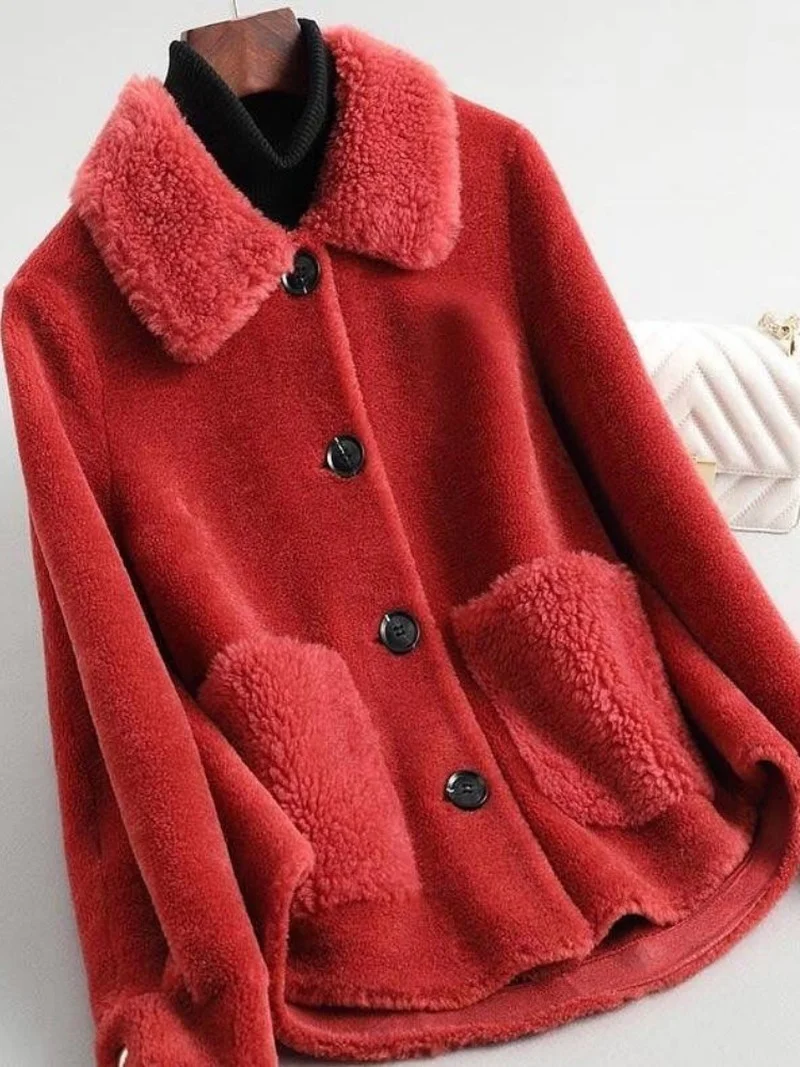 Woman 2023 Winter New Genuine Fur Sheepskin Coats  Ladies Loose Casual Wool Outwear Female Thick Warm  Sheep Shearing Jacket B18