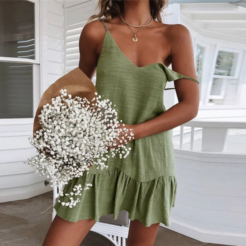

Женское мини-платье с открытыми плечами, летнее зеленое платье из 2023 хлопка и льна на бретелях-спагетти с оборками