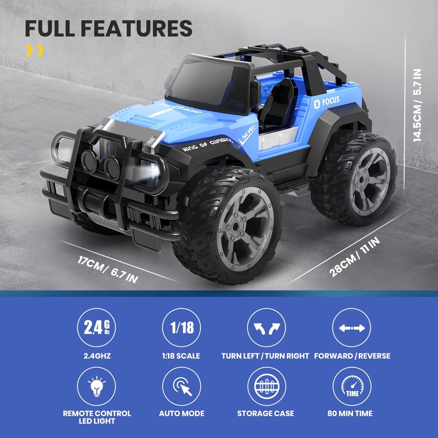 DE42 Remote Control Car Toy, RC Racing Cars with 80 Min Play Time for Kids, 1:18 Scale 2.4Ghz Off-Road RC Trucks with LED enlarge