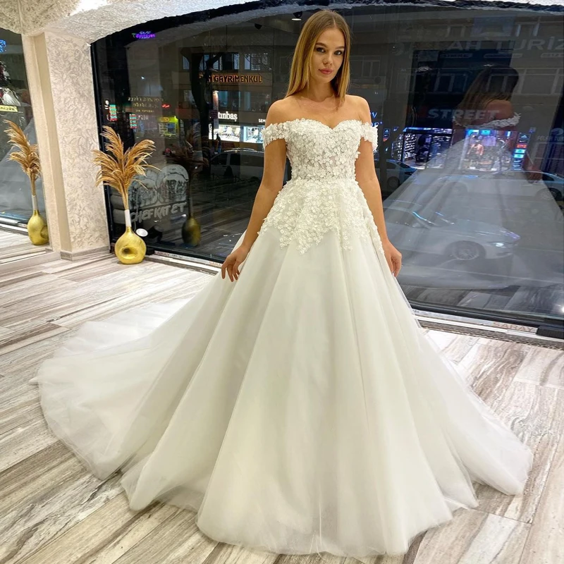 

Бальное платье принцессы Свадебные платья цвета слоновой кости Тюлевая аппликация 3D Цветы корт шлейф кружевные свадебные платья