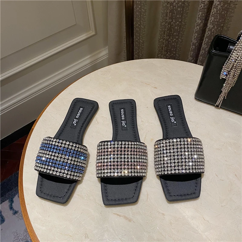 

Rhinestone Diamond Home Slippers Women Bling Shiny Flat Shoes Square Head Open Toe Sandals Indoor Flip-Flops Female Casual Shoes
