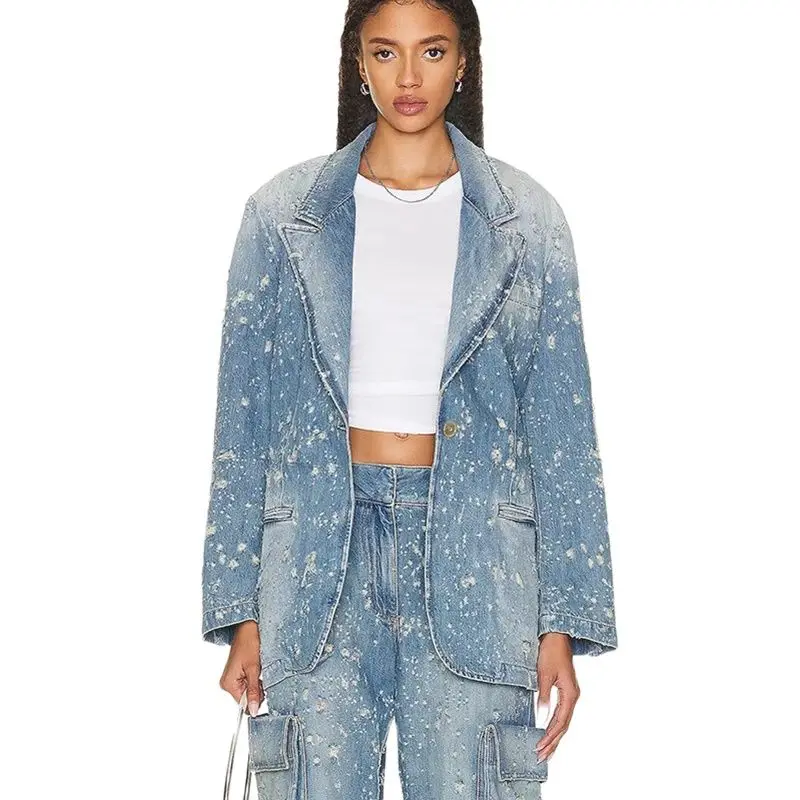 

Burning flower hole denim blazer 2003 new y2k cotton vintage old fashion loose silhouette jacket casual Women's denim jacket