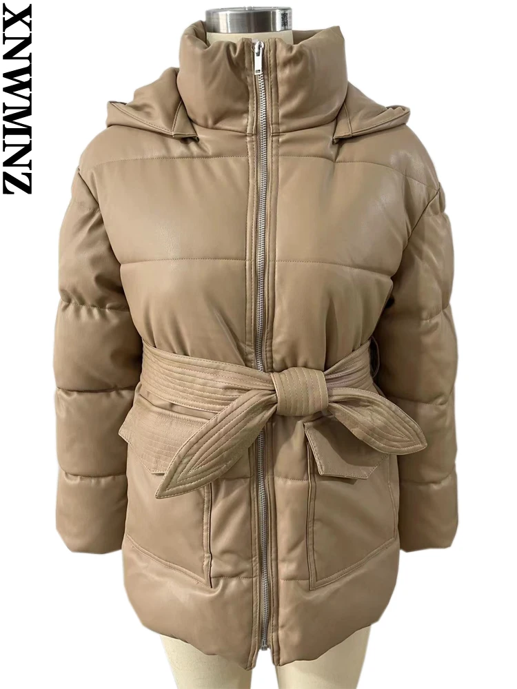 XNWMNZ New Fall winter woman fashion Leather Thermal Padded Hooded Jacket with Belt women vintage parka faux leather cotton coat