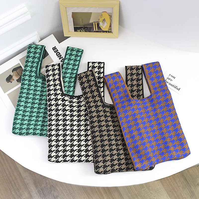 

Knitted Houndstooth Women's Shoulder Bag Hit Color Plaid Ladies Small Tote Shopping Bags Retro Female Clutches Purse Handbags
