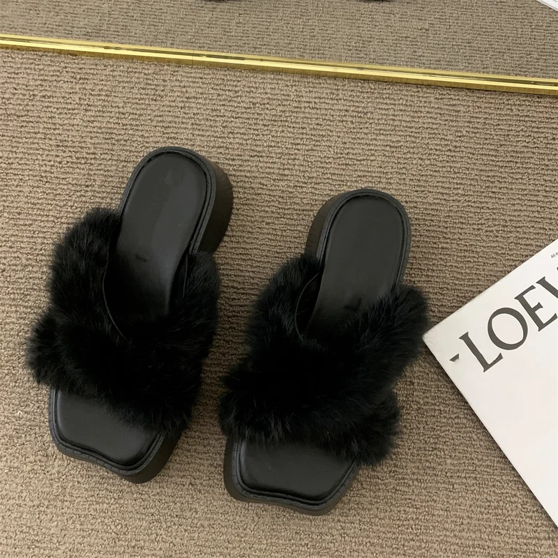 

2022 New Women Furry Slippers Ladies Shoes Plush Fox Hair Fluffy Sandals Women's Fur Slippers Winter Warm Slippers Zapatos