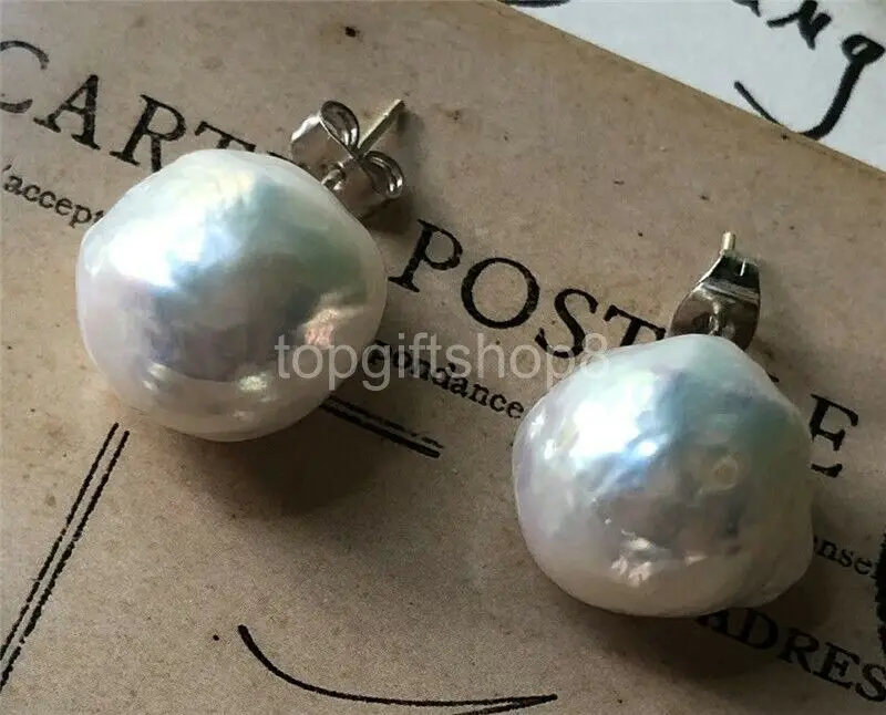 

13-14mm white baroque Reborn Keshi Pearl stud Earrings 925 silver