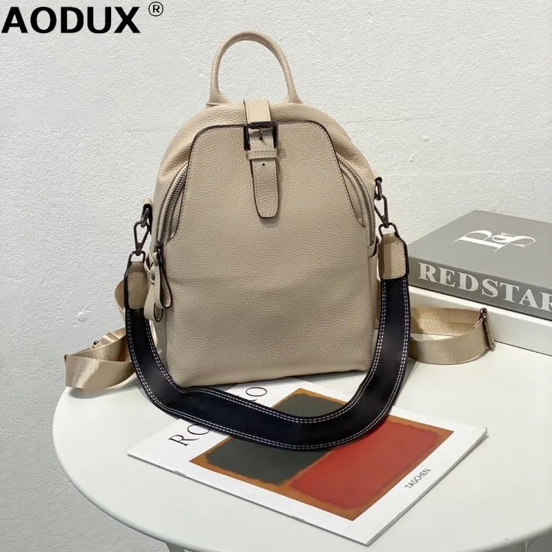 AODUX NEW 100% Soft Genuine Leather Women Lady Backpacks First Layer Cowhide College Students Shoulder Bags Mochilas Para Mujer