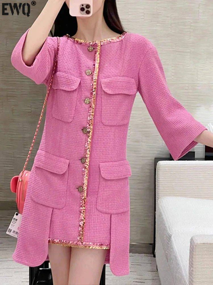 

Женское твидовое платье с блестками [EWQ], розово-красное однобортное платье с рукавом три четверти, в винтажном стиле, модель 16U5953 на осень-весну, 2023