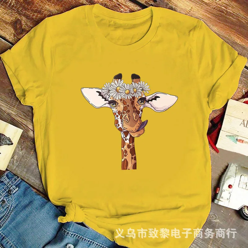

Hot Giraffe Daisy Printed Short Sleeve T-shirt Fashion Circle Collar Casual Girl T-shirt Graphic Tees Anime Clothes White Tee