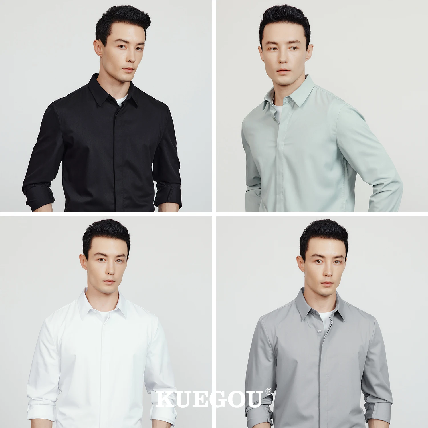 

KUEGOU 2022 Autumn Black White Casual Solid Buttons Shirt New Men For Male Fashion Collar Button Slim Long Sleeve Clothing 25210