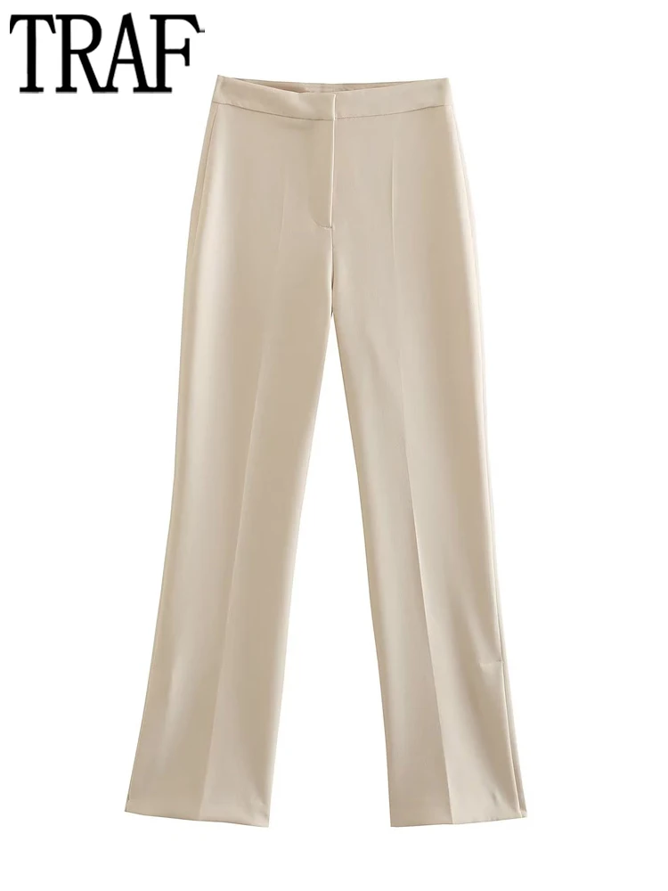 

TRAF Beige Straight Leg Trousers Women Vintage High Waist Pants for Women Summer Office Woman Pants Slit Hem Streetwear Trousers