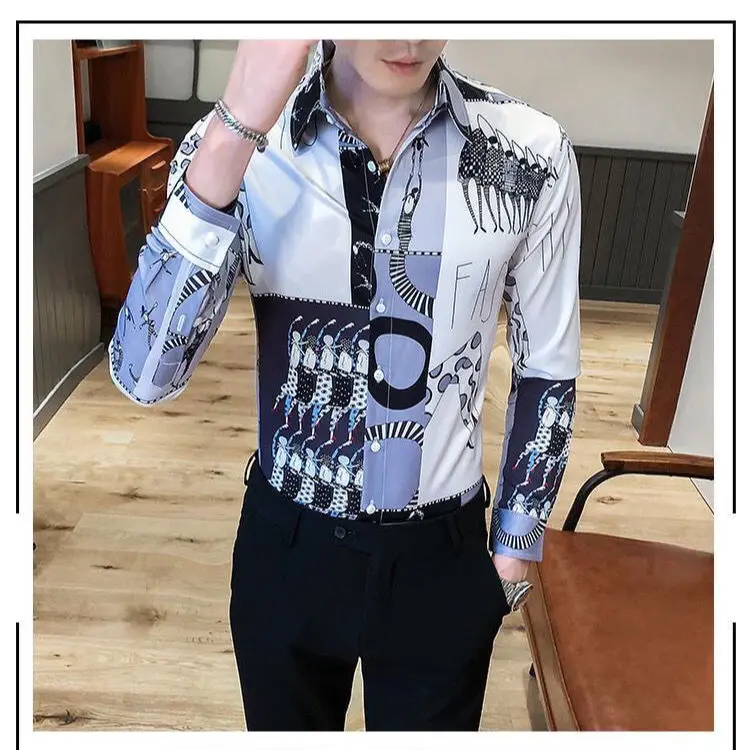 Fashion autumn fashion printed men's shirt Korean version of long sleeve handsome personality slim British casual shirt
