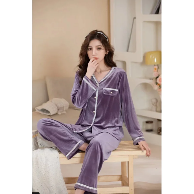 2023 Women's Pajamas Autumn and Winter New Pleuche Long Sleeve Trousers Pajamas Women's Classic Style Homewear Suit