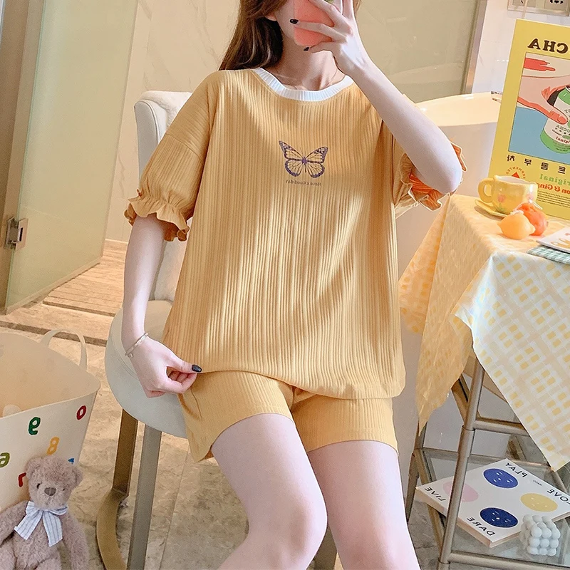 

Женская летняя Пижама 2022, пуловер с круглым вырезом и коротким рукавом, хлопковая одежда для отдыха, повседневный удобный хлопковый Тонкий ...