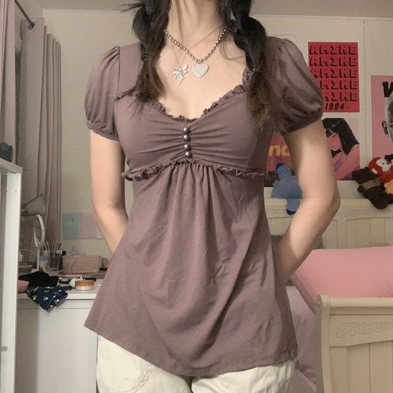 Винтажная коричневая футболка в стиле 90-х с оборками Y2K эстетичные волнистые