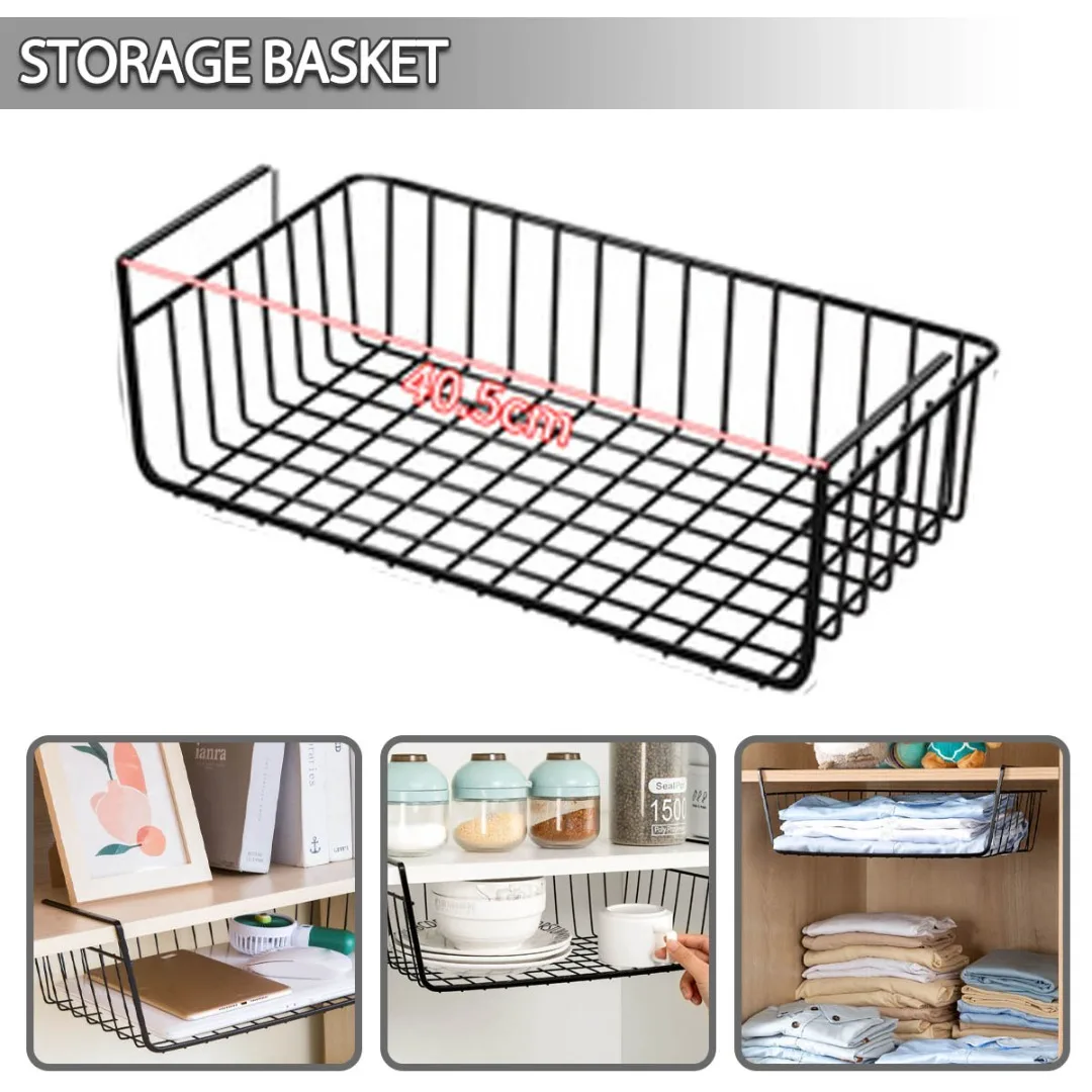 

1pc Hanging Under Shelf Storage Iron Cabinet Closet Desk Kitchen Hanging Mesh Basket Wire Bookcase Shelf Block Rack Organizer