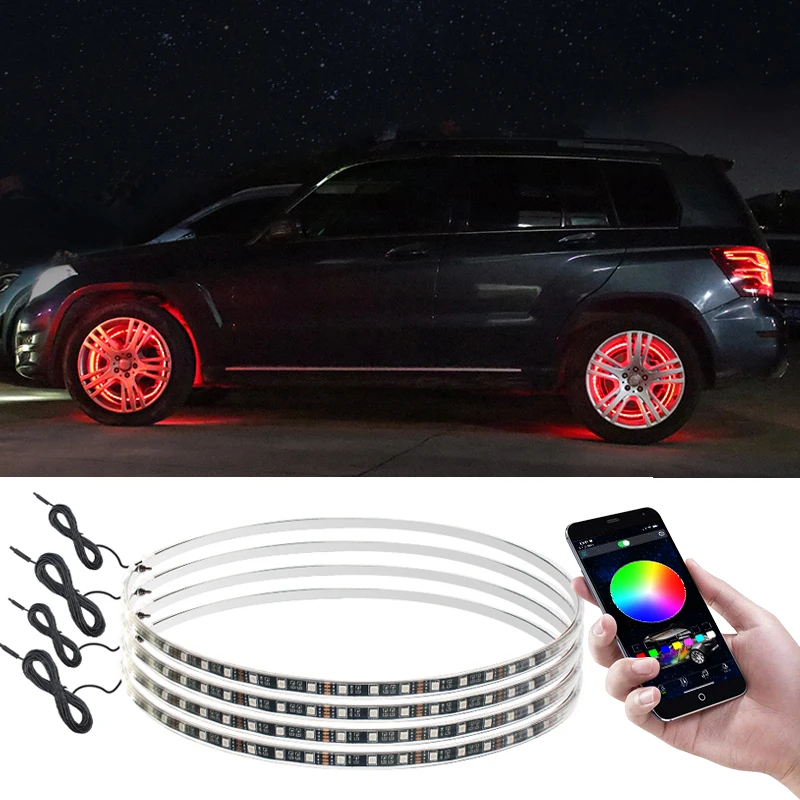 

Светодиодная лампа RGB для автомобиля, 4 шт., 120 см, управление через приложение звуком, водонепроницаемая гибкая неоновая лента, 12 В, автомобил...