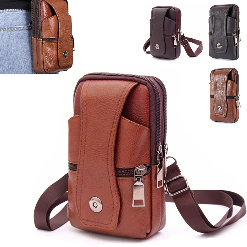 

Men PULeather Waist Bag Large Capacity Belt Bag Brown Shoulder Bags Crossbody Bags Multi-layer Buckle Mobile Phone Bag Bum Pouch