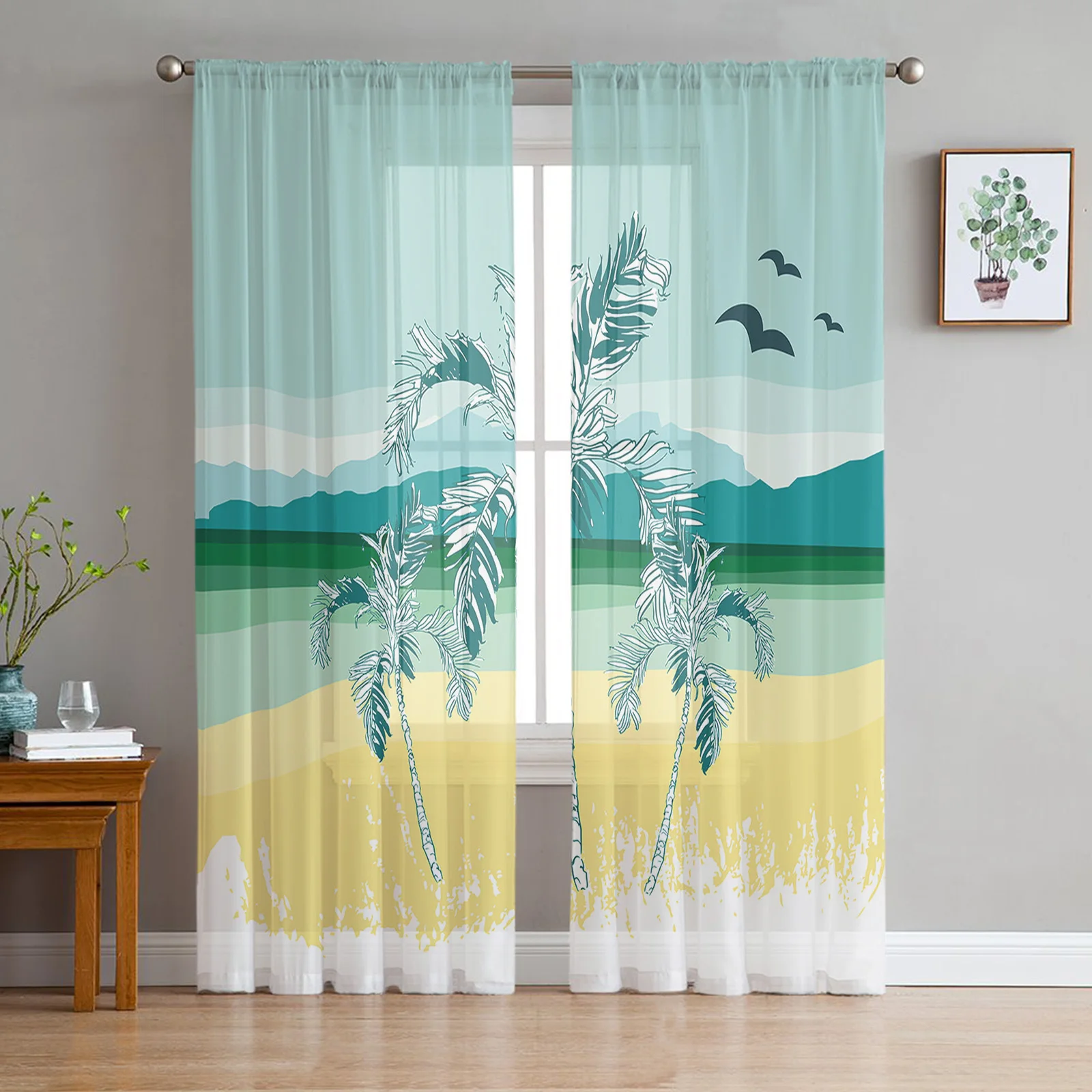 Coconut Tree Seaside Seagull Voile Sheer Curtains For Living Room Window Chiffon Tulle Curtain Kitchen Bedroom Drapes Home Decor