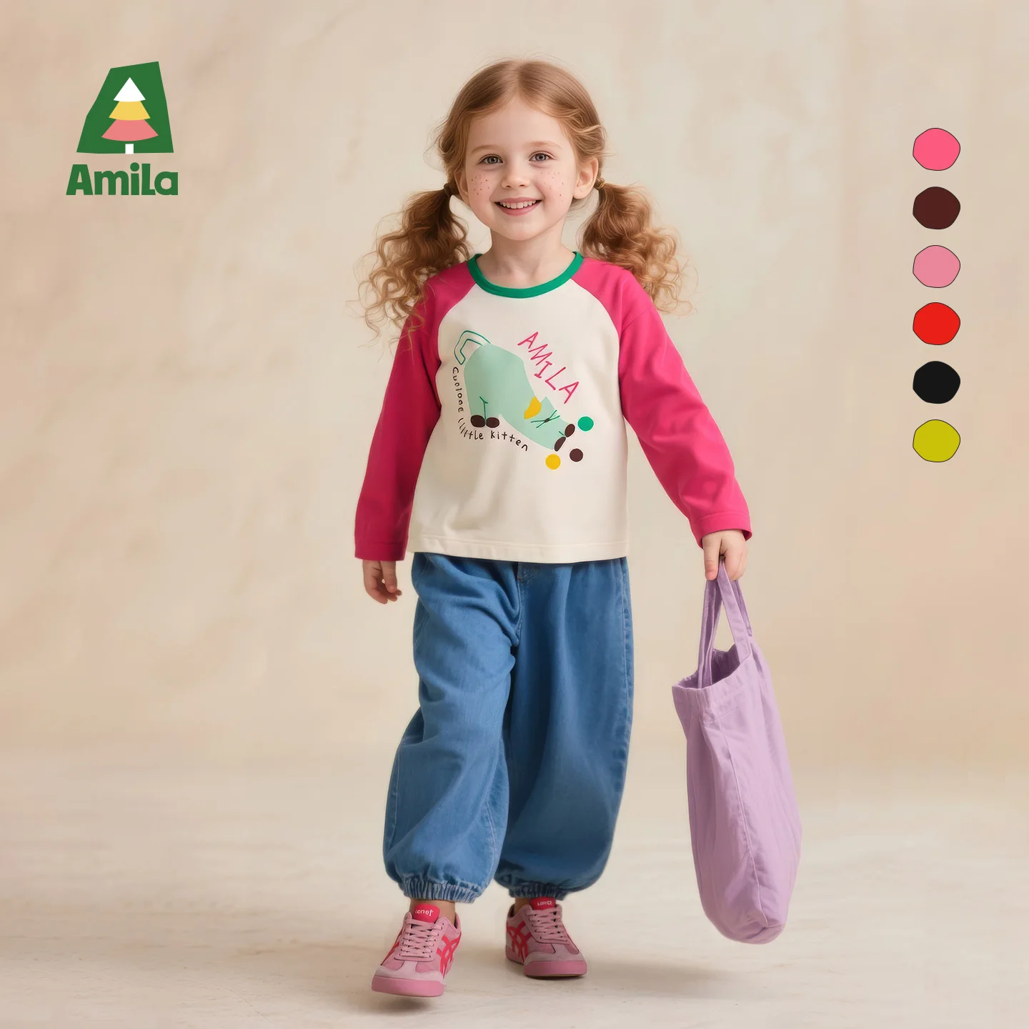 Фото Футболка реглан Amila, детская весенняя хлопковая повседневная футболка с длинными рукавами и мультяшным принтом для мальчиков и девочек, модная футболка реглан с цветными блоками для малышей №2