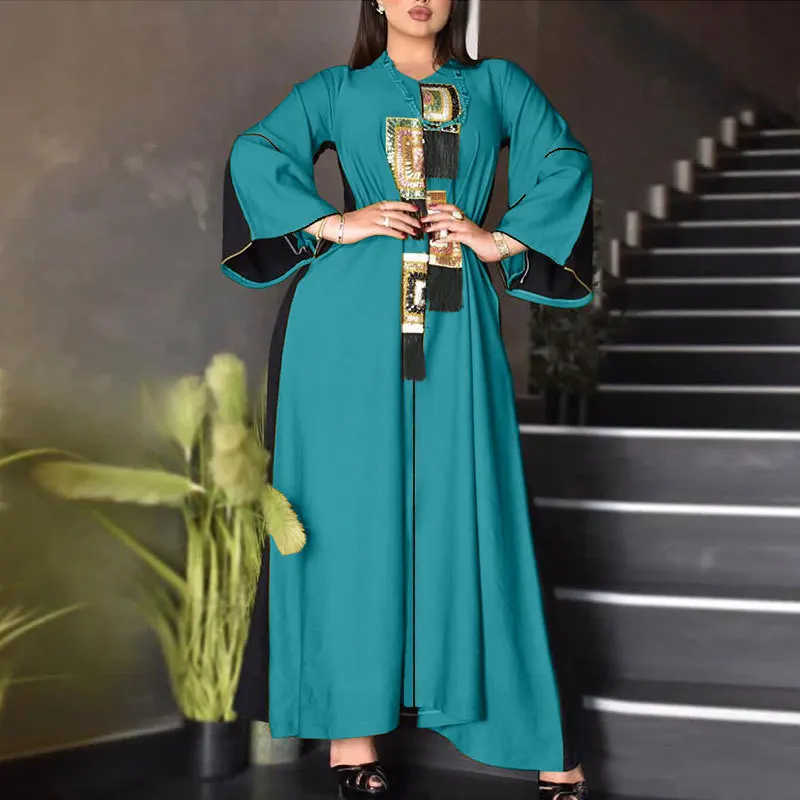 

Ethnic Sequins Tassel Abaya Dress for Women 2022 Full Cotton Turkey Muslim Morocco Kaftan Robe Arabic Oman Moroccan Clothing