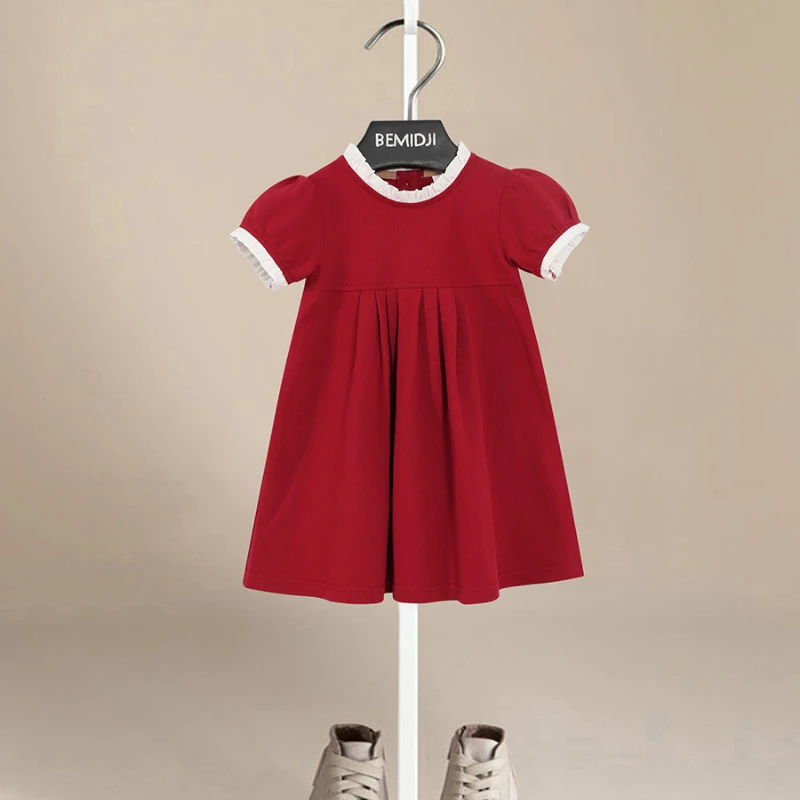 

Платье для девочек, новинка 2023, летнее платье, Милая Красная трапециевидная юбка, детские платья с вышивкой и короткими рукавами, цветочные платья для девочек